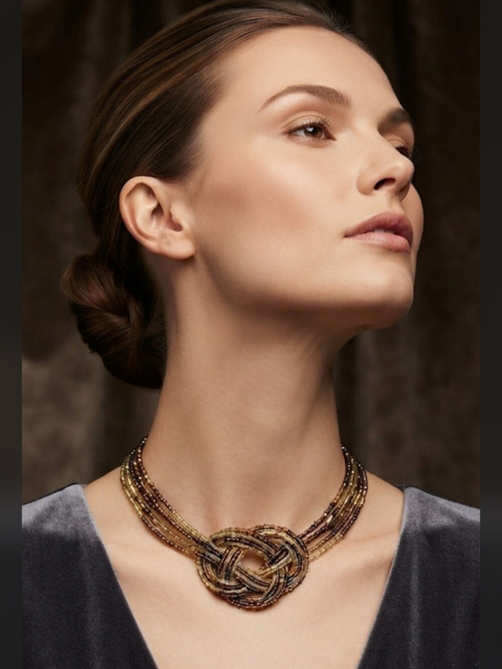 Beaded Knot Statement Necklace Gold & Bronze Tone Mizuhiki Knot Style